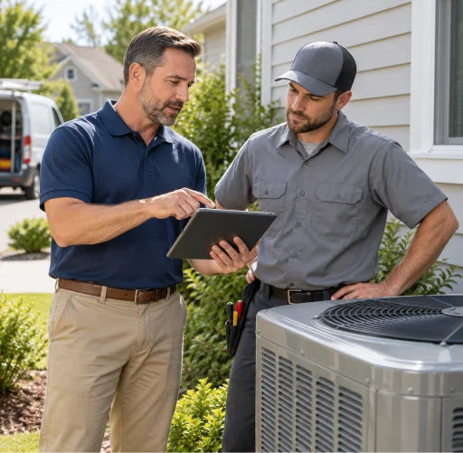 Home services business owner coordinating with an HVAC technician outside a residential home.