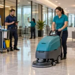 Commercial cleaning crew cleaning a modern office lobby with a floor scrubber and professional equipment.