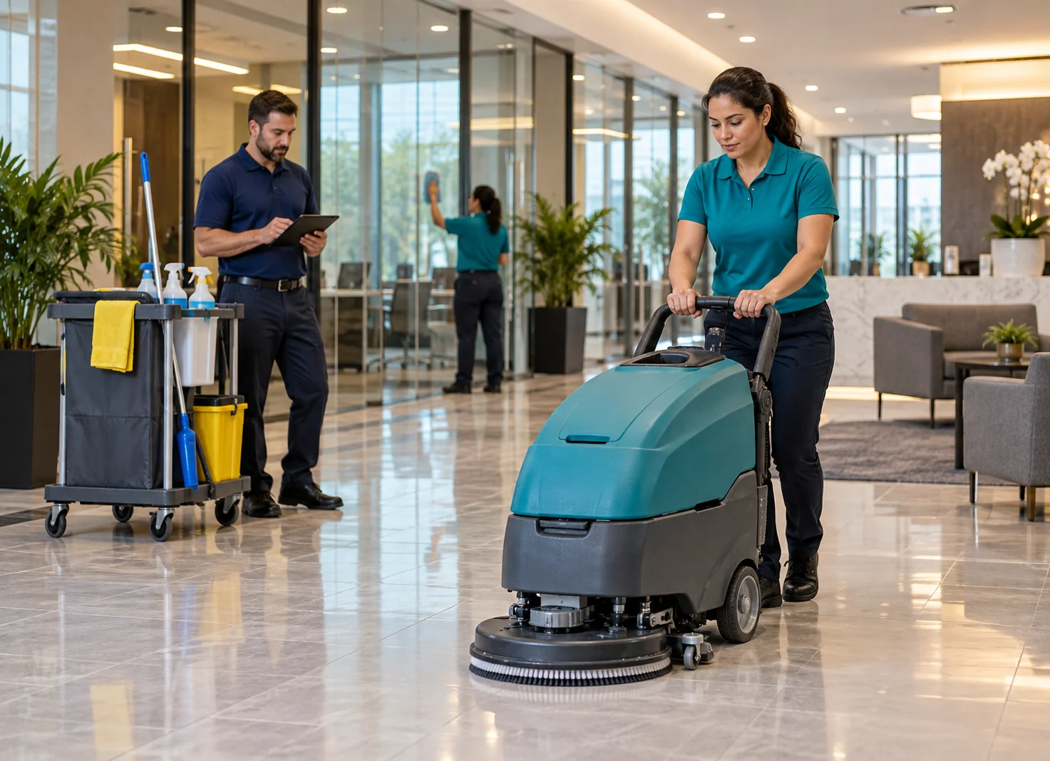 Commercial cleaning crew cleaning a modern office lobby with a floor scrubber and professional equipment.